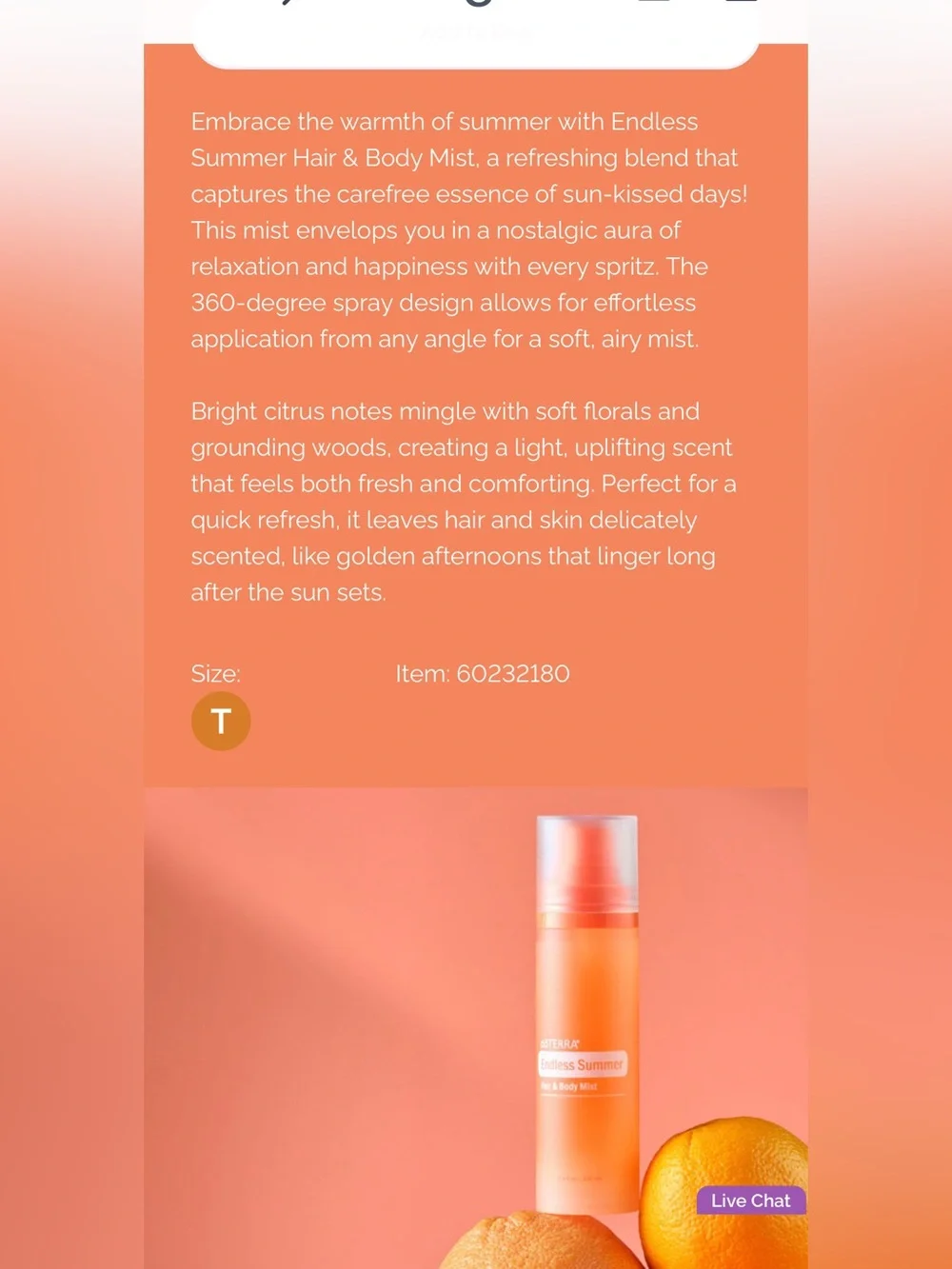 Doterra Endless Summer Hair & Body Mist — Coral Orange Bottle, 3.4 oz / 100ml